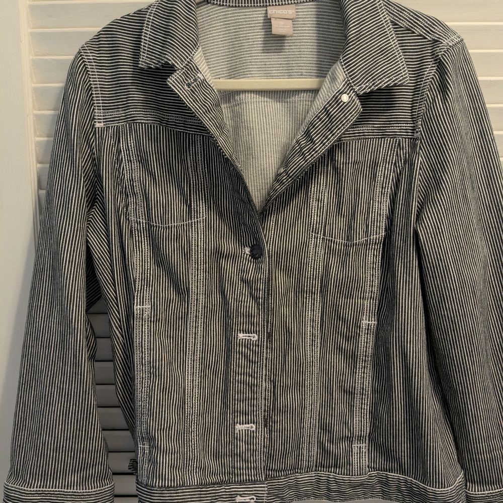 Chico's Black and White Striped Jean Jacket
